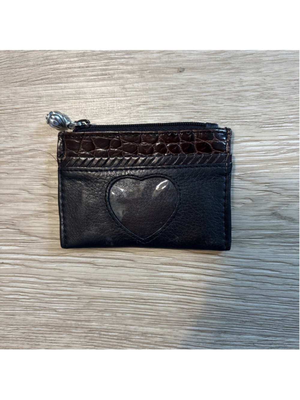 Vintage Brighton Leather Coin Purse Black With Brown Croc Embossed Trim